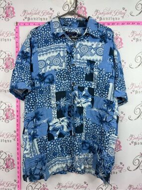 Hathaway shirt tropical palm Blue Patchwork Floral Short-Sleeve Button Down